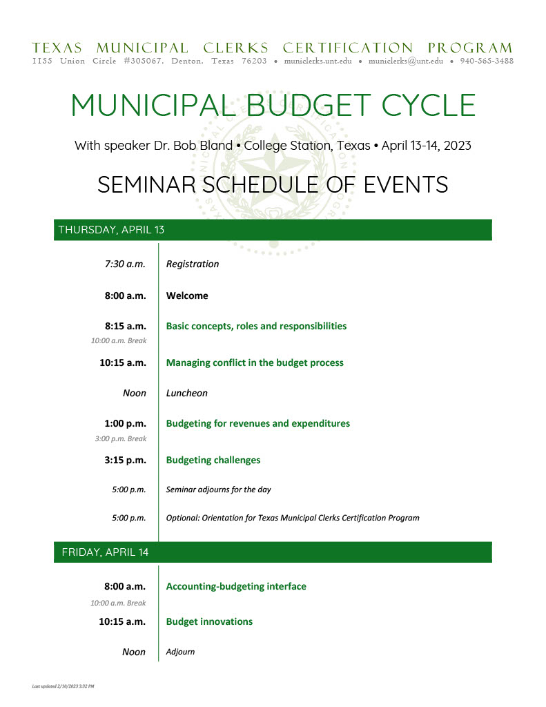 Schedule of events for the Municipal Budget Cycle Seminar